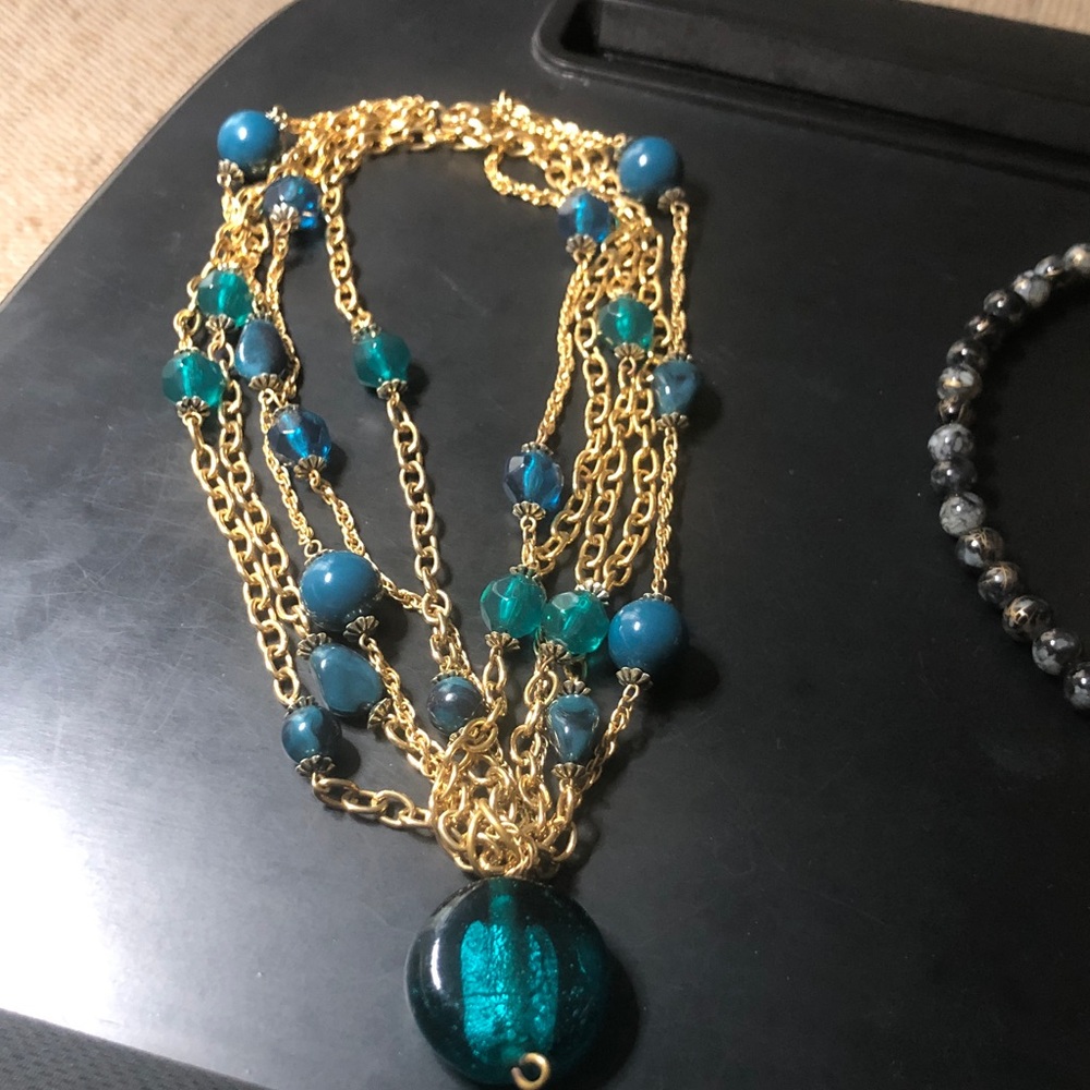 Gold Multi-Strand Necklace with Teal Beads and Glass Pendant